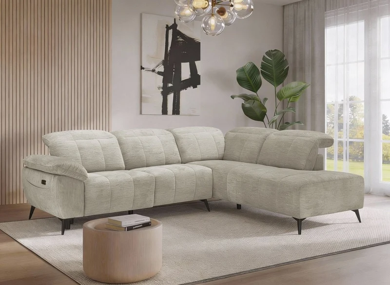 Canapé d'angle relax électrique en velours chiné beige SOLINA - Angle droit