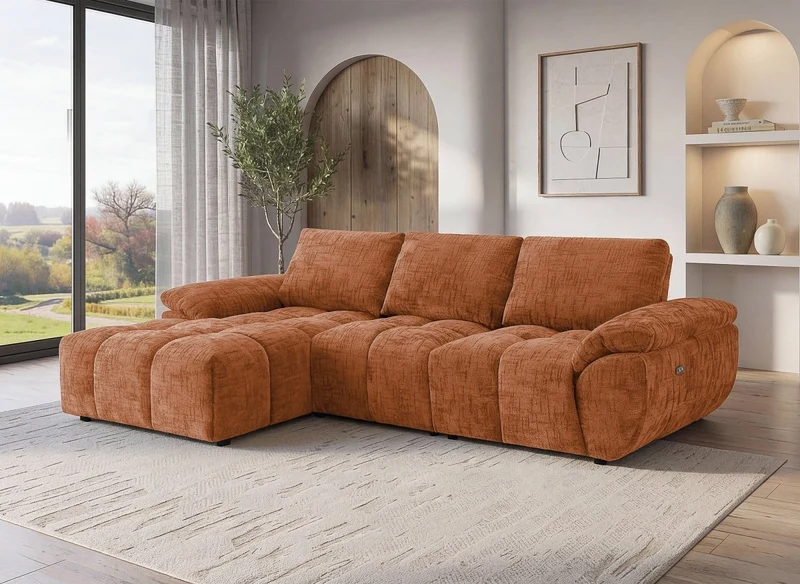 Canapé d’angle relax électrique en velours chiné terracotta ALPES - Angle gauche