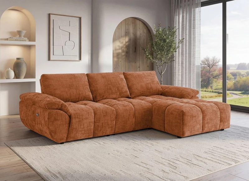 Canapé d’angle relax électrique en velours chiné terracotta ALPES - Angle droit