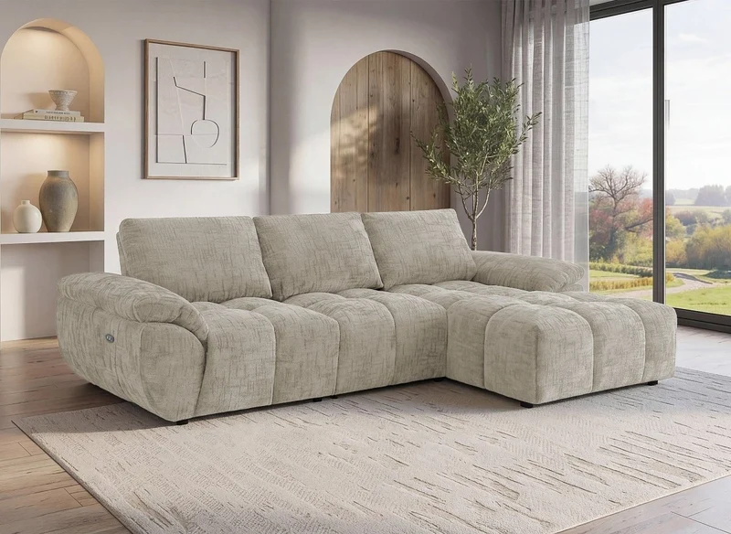 Canapé d’angle relax électrique en velours chiné taupe ALPES - Angle droit