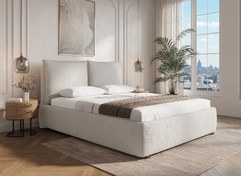 Lit coffre en velours chiné beige 140x190 cm MELY
