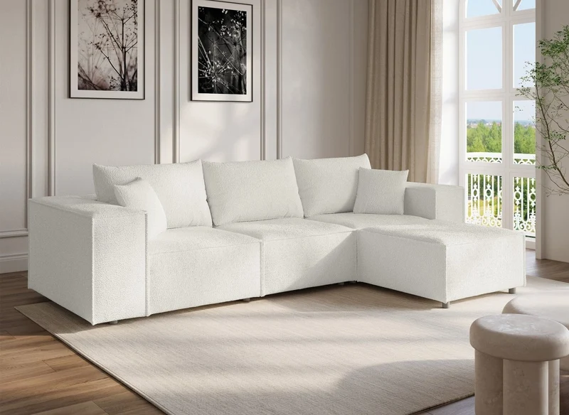 Canapé d'angle modulable en tissu effet peau de mouton blanc écru HARLEM
