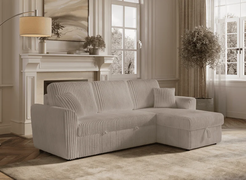 Canapé d'angle convertible et réversible avec coffre en velours côtelé épais taupe ADRYEN