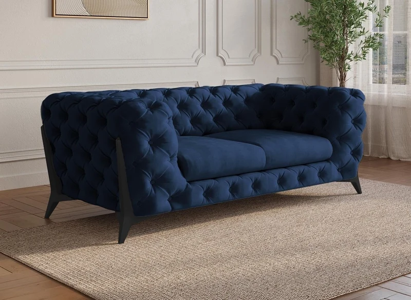 Canapé fixe 2 places capitonné chesterfield velours bleu CARMEN