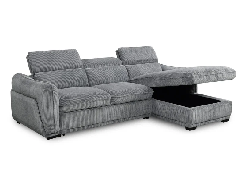 Canapé d'angle convertible avec coffre en velours côtelé épais gris PETUNIA - Angle droit