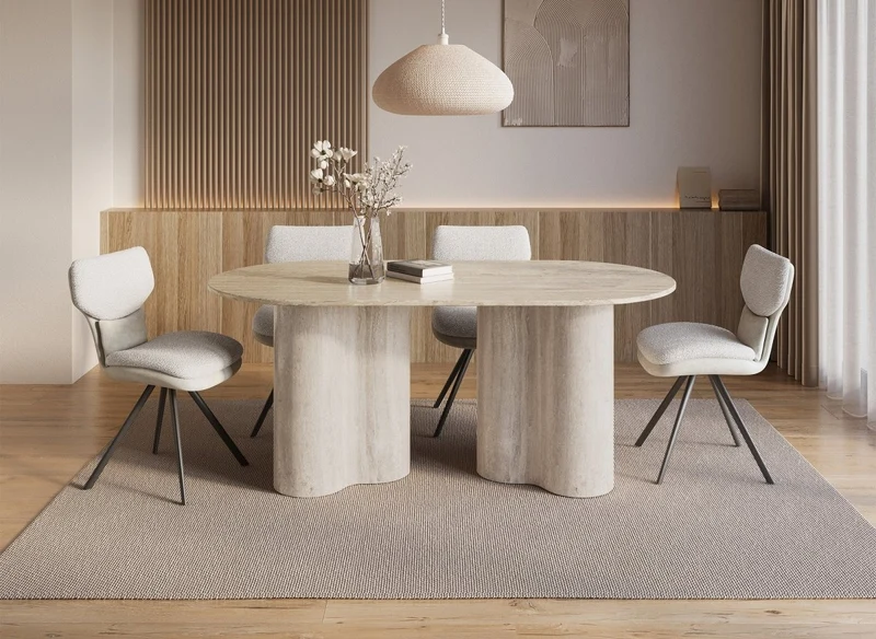 Table à manger en marbre composite beige pieds forme organique 6 personnes 180cm VANINA