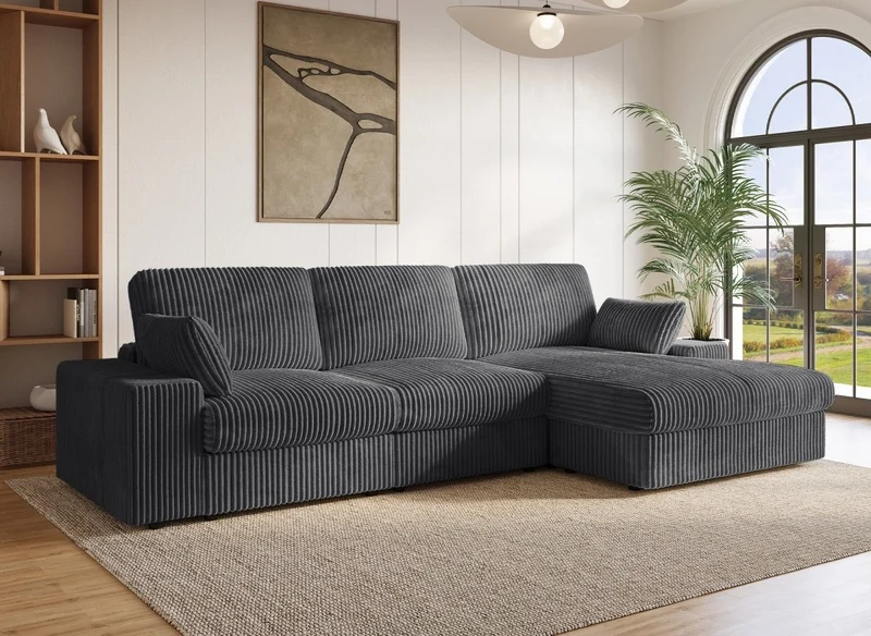 Canapé d'angle réversible en gros côtelé doux gris SIRINA
