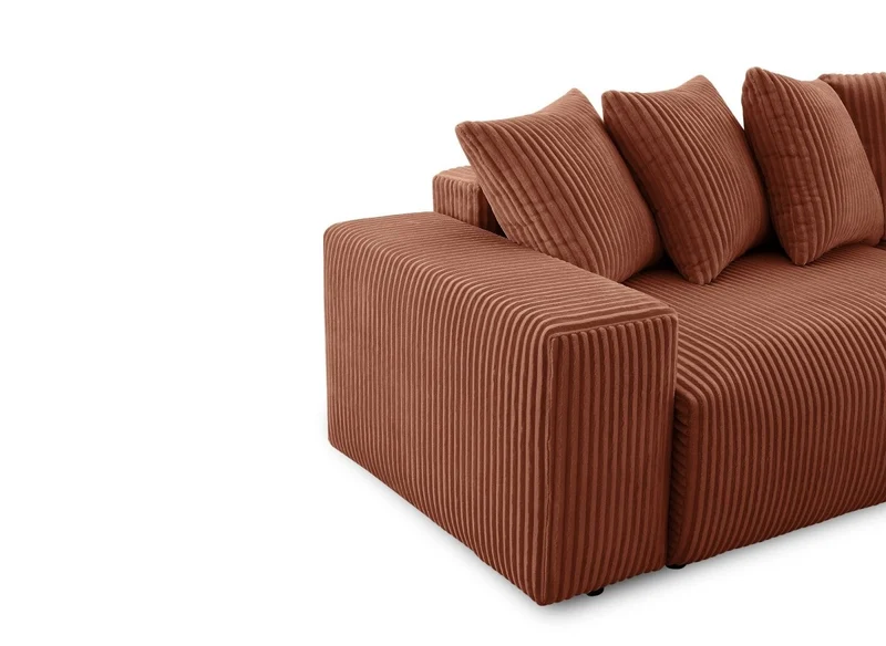 Canapé panoramique réversible convertible avec coffre en velours côtelé épais terracotta NOELIA