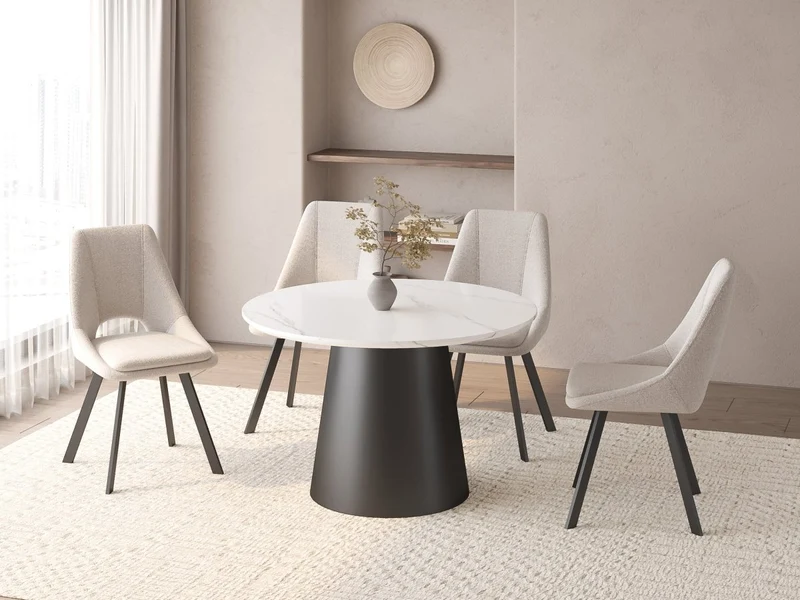 Table à manger ronde plateau effet marbre blanc 4 personnes 120cm AUBREY