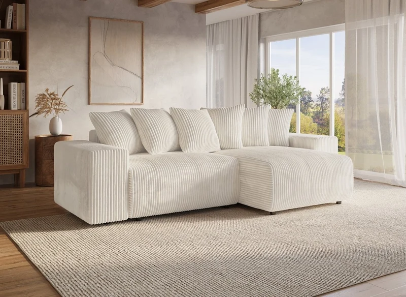 Canapé d'angle réversible convertible avec coffre en velours côtelé épais beige NOELIA