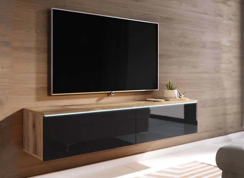 Meuble TV chêne vieilli et noir laqué avec LED 2 portes MALORIE- 180 cm