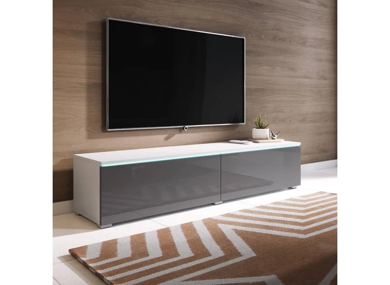 Meuble TV contemporain laqué gris et blanc avec LED 2 portes MALORIE - 180 cm