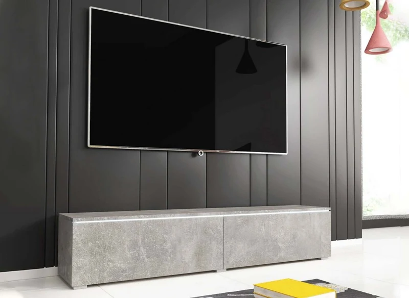 Meuble TV contemporain gris béton avec LED 2 portes MALORIE - 180 cm