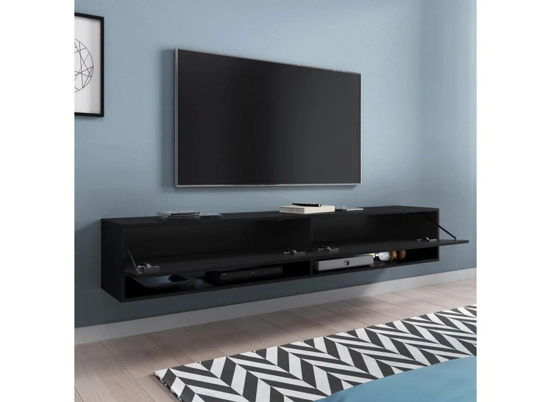 Meuble TV suspendu 2 portes 2 niches noir ROMANE XXL - 180 cm