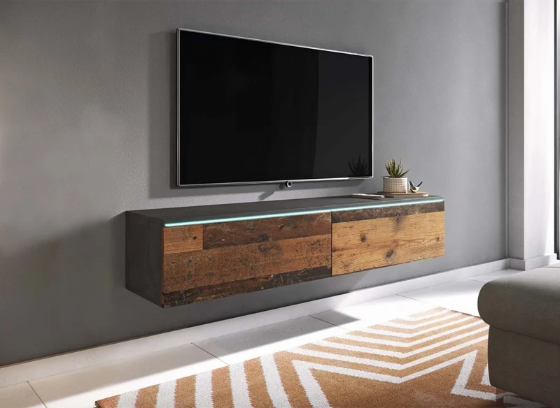 Meuble TV contemporain anthracite et chêne avec LED 2 portes MALORIE - 180 cm
