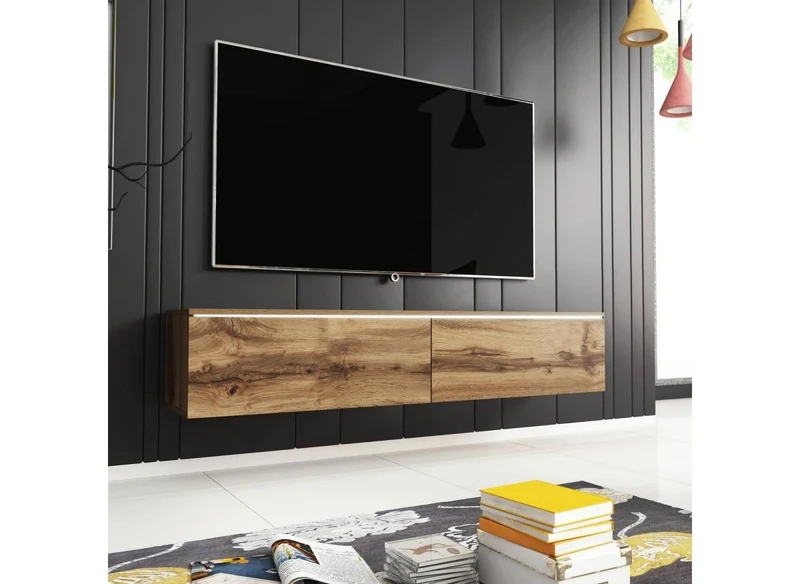 Meuble TV contemporain en chêne avec LED 2 portes MALORIE - 180 cm