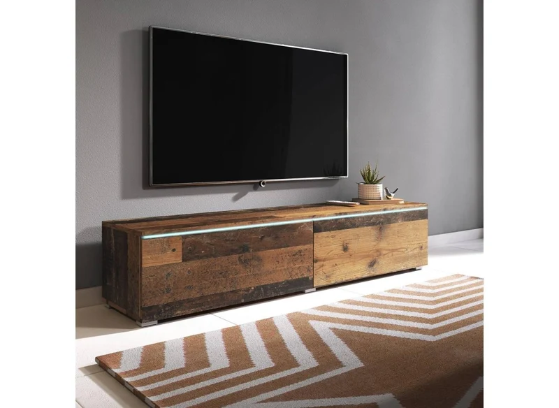 Meuble TV contemporain chêne vieilli foncé avec LED 2 portes MALORIE - 180 cm