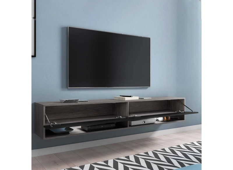 Meuble TV suspendu 2 portes 2 niches gris foncé et noir ROMANE XXL - 180 cm