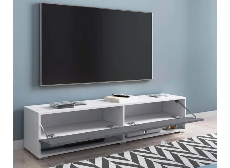 Meuble TV suspendu 2 portes 2 niches blanc et gris ROMANE XXL - 180 cm
