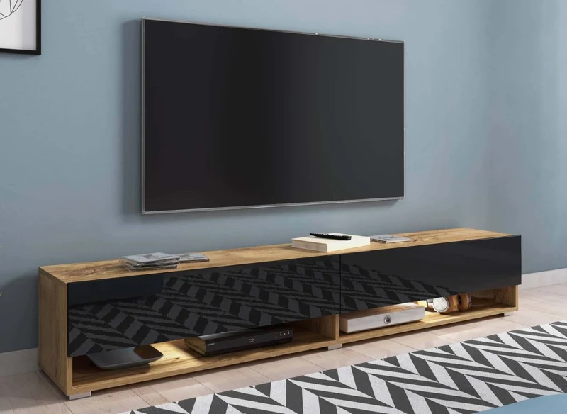 Meuble TV suspendu 2 portes 2 niches en chêne et noir ROMANE XXL - 180 cm