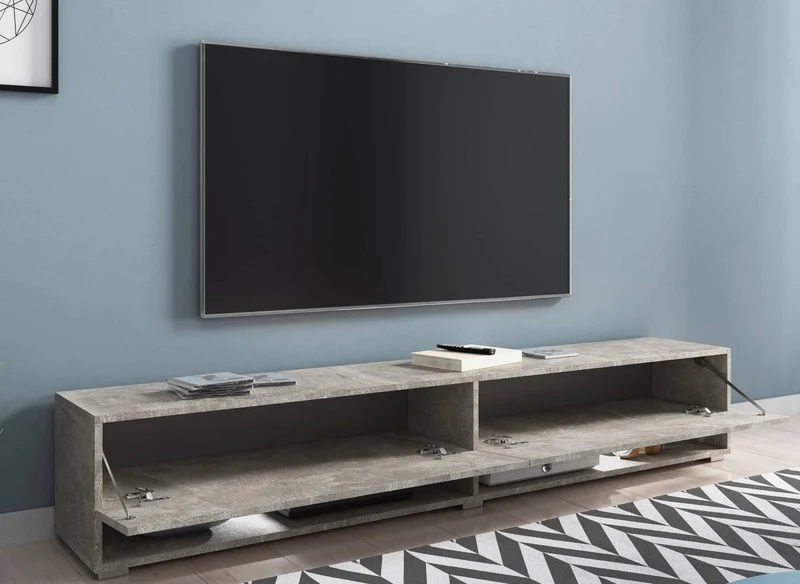 Meuble TV suspendu 2 portes 2 niches gris béton ROMANE XXL - 180 cm
