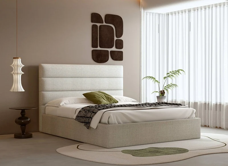 Lit coffre en tissu lin beige 180 x 200 cm SHANNA