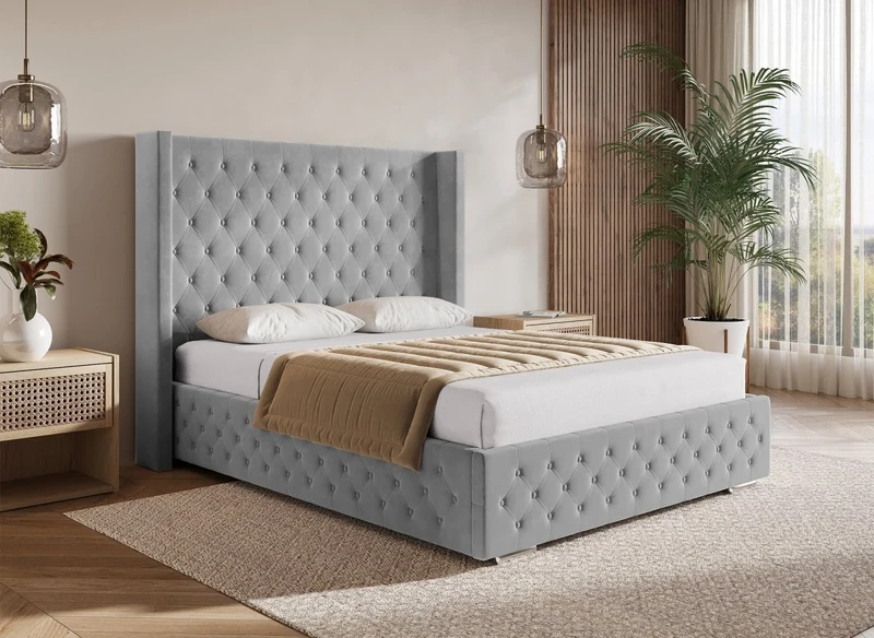 Lit coffre en velours gris 180X200 cm PERLA