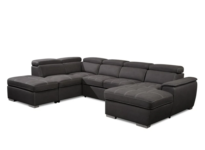 Canapé convertible et panoramique avec coffre de rangement en tissu gris OLIVER - Angle Droit