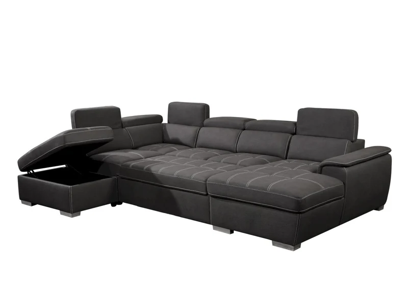 Canapé convertible et panoramique avec coffre de rangement en tissu gris OLIVER - Angle Droit