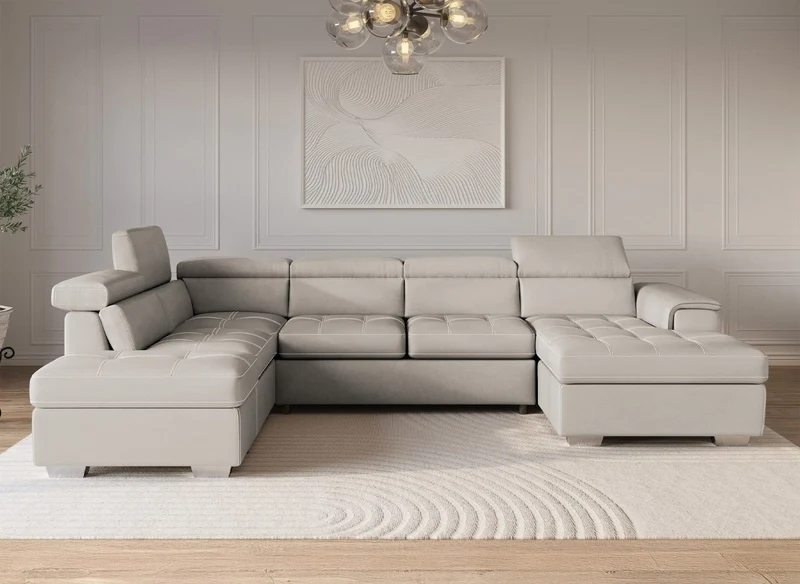 Canapé convertible et panoramique avec coffre de rangement en tissu beige OLIVER - Angle Droit
