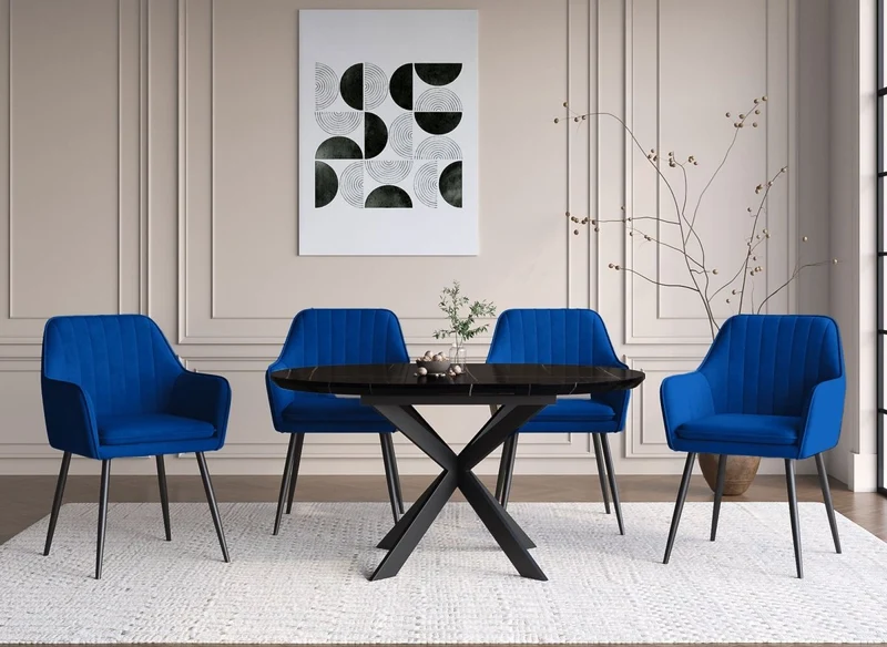 Lot de 2 chaises avec accoudoirs en velours bleu pieds noirs EDWIGE