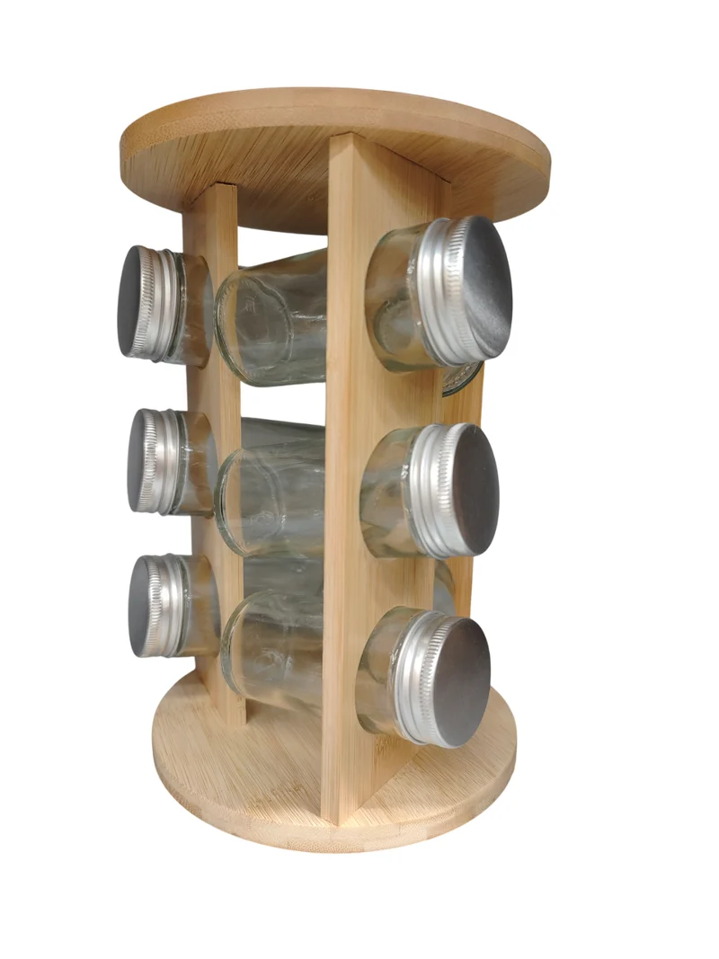 Ustensiles de cuisine, 9 bouteilles en verre avec récipient en bois, D15,5xH23,6CM
