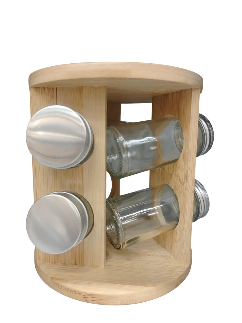Ustensiles de cuisine, 6 bouteilles en verre avec récipient en bois, D15,5xH17,3CM