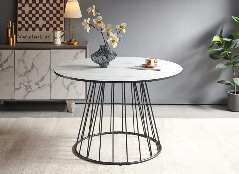 Table à manger ronde effet marbre blanc pied en métal noir 120cm STELLA