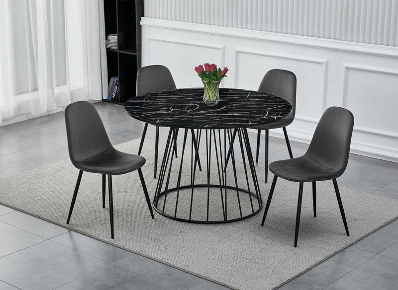 Table à manger ronde effet marbre noir pied en métal noir 120cm STELLA