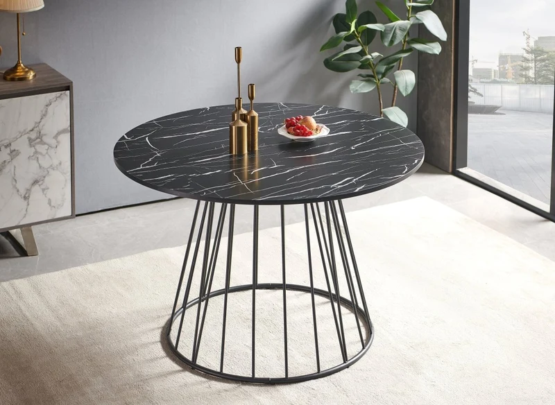 Table à manger ronde effet marbre noir pied en métal noir 120cm STELLA
