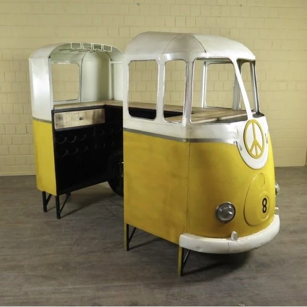 Meuble bar style combi métal jaune et blanc avec comptoir bois