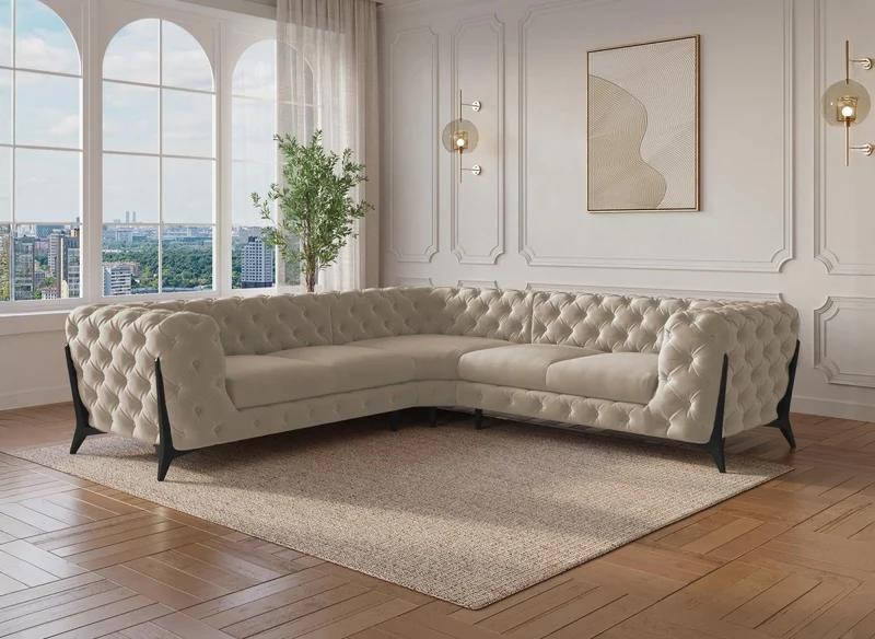 Canapé d'angle fixe capitonné chesterfield velours beige CARMEN
