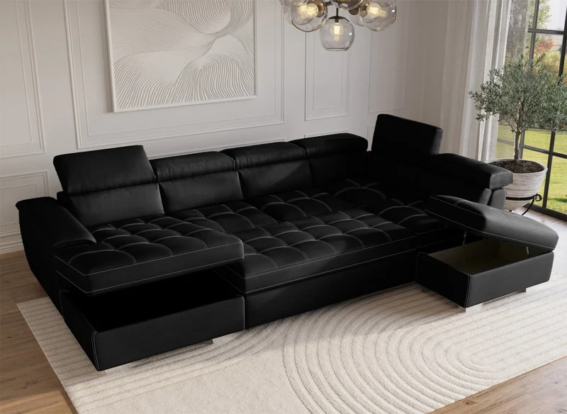 Canapé convertible et panoramique avec coffre de rangement en tissu noir OLIVER - Angle Gauche