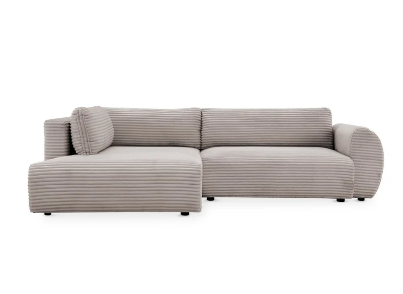 Canapé d'angle convertible avec méridienne et coffre en gros côtelé doux taupe TILDA - Angle gauche