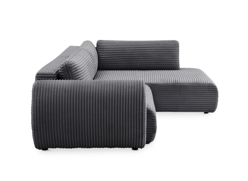 Canapé d'angle convertible avec méridienne et coffre en gros côtelé gris TILDA - Angle droit