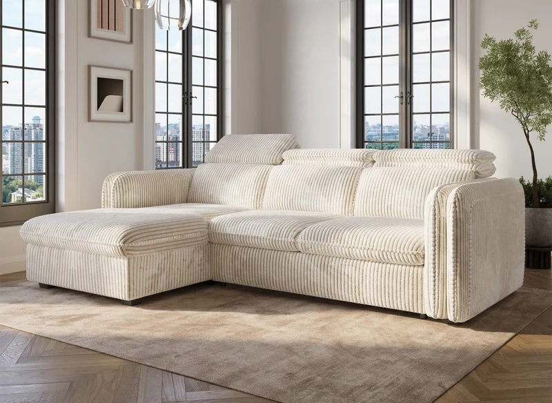 Canapé d'angle convertible en velours côtelé épais beige ISABELLA - Angle gauche
