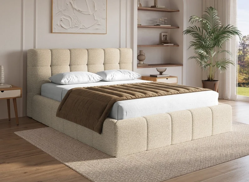 Lit coffre en tissu bouclette beige 180x200 cm MILIE