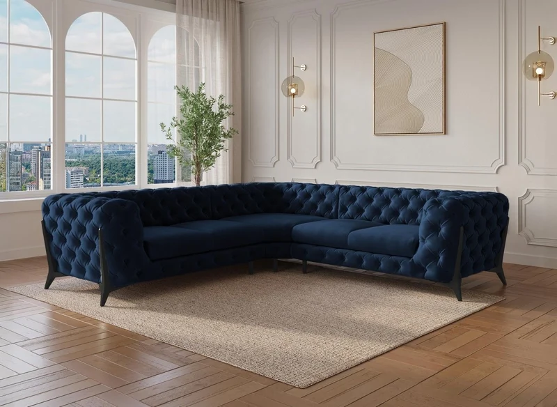 Canapé d'angle fixe capitonné chesterfield velours bleu CARMEN