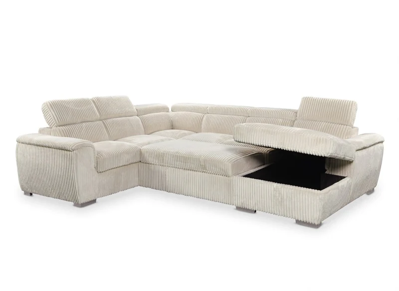 Canapé panoramique convertible avec coffre en velours côtelé épais beige GAELLE - Angle Droit