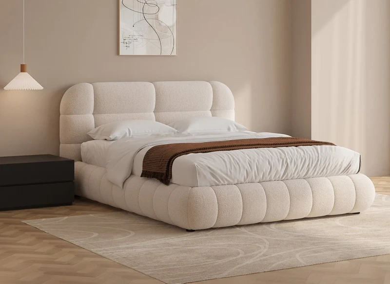Lit coffre en tissu bouclette écru 140x190 cm YOURI