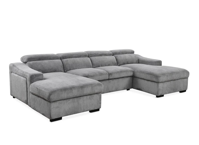 Canapé panoramique convertible avec 2 coffres en velours côtelé épais gris VELORA