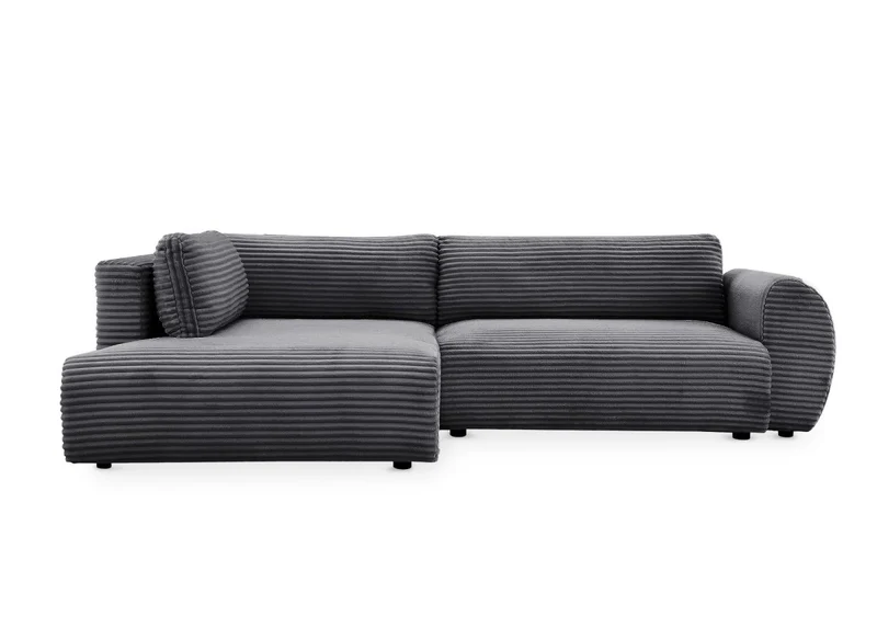 Canapé d'angle convertible avec méridienne et coffre en gros côtelé doux gris TILDA - Angle gauche