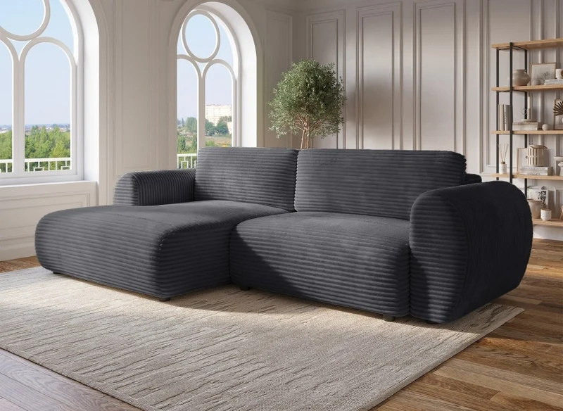 Canapé d'angle convertible avec coffre en velours gros côtelé doux gris TILDA - Angle gauche