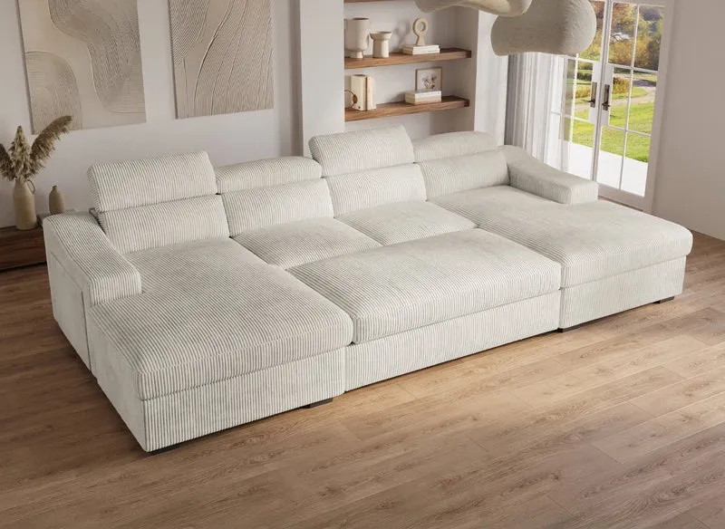 Canapé panoramique convertible avec 2 coffres en velours côtelé épais beige VELORA
